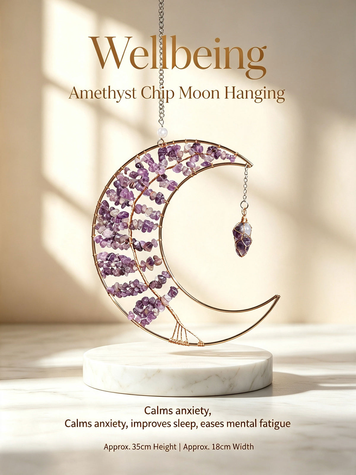 Moon Crystal Chip Hanging Ornament | 7 Styles for Wellbeing, Prosperity, Protection, Love, Spirituality & Career | Natural Crystal Car Charm Wall Pendant