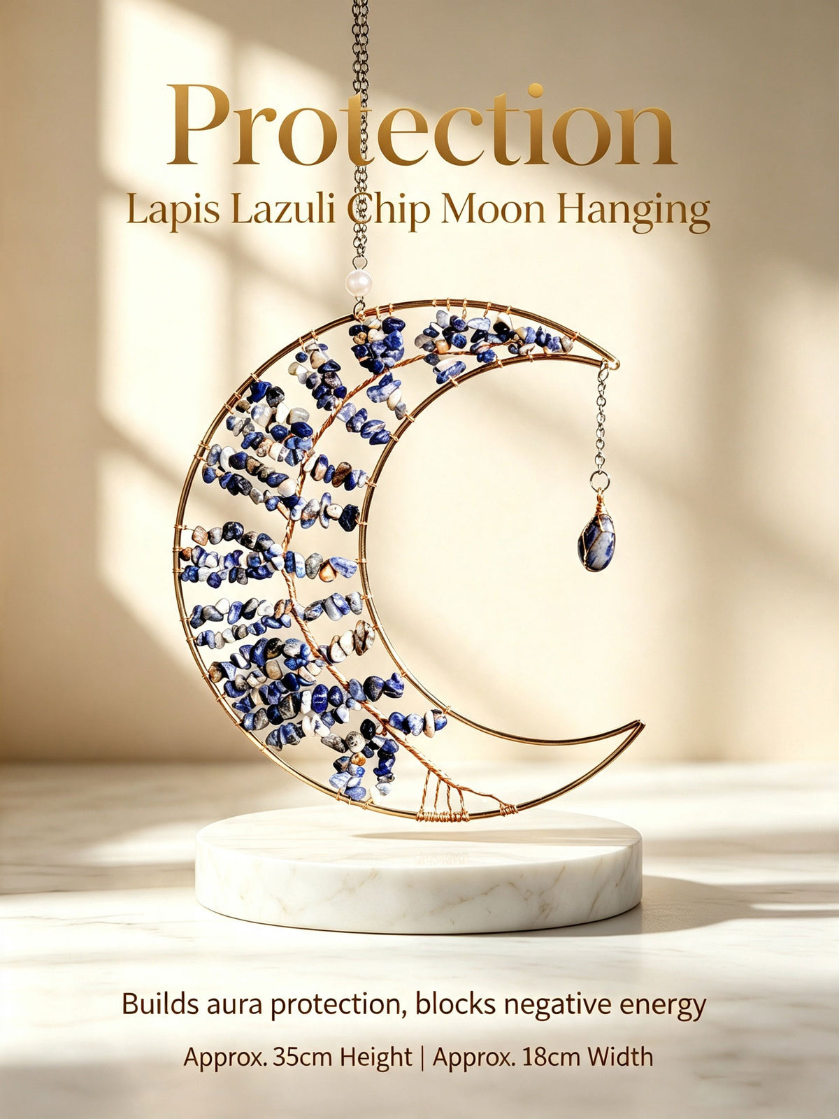 Moon Crystal Chip Hanging Ornament | 7 Styles for Wellbeing, Prosperity, Protection, Love, Spirituality & Career | Natural Crystal Car Charm Wall Pendant