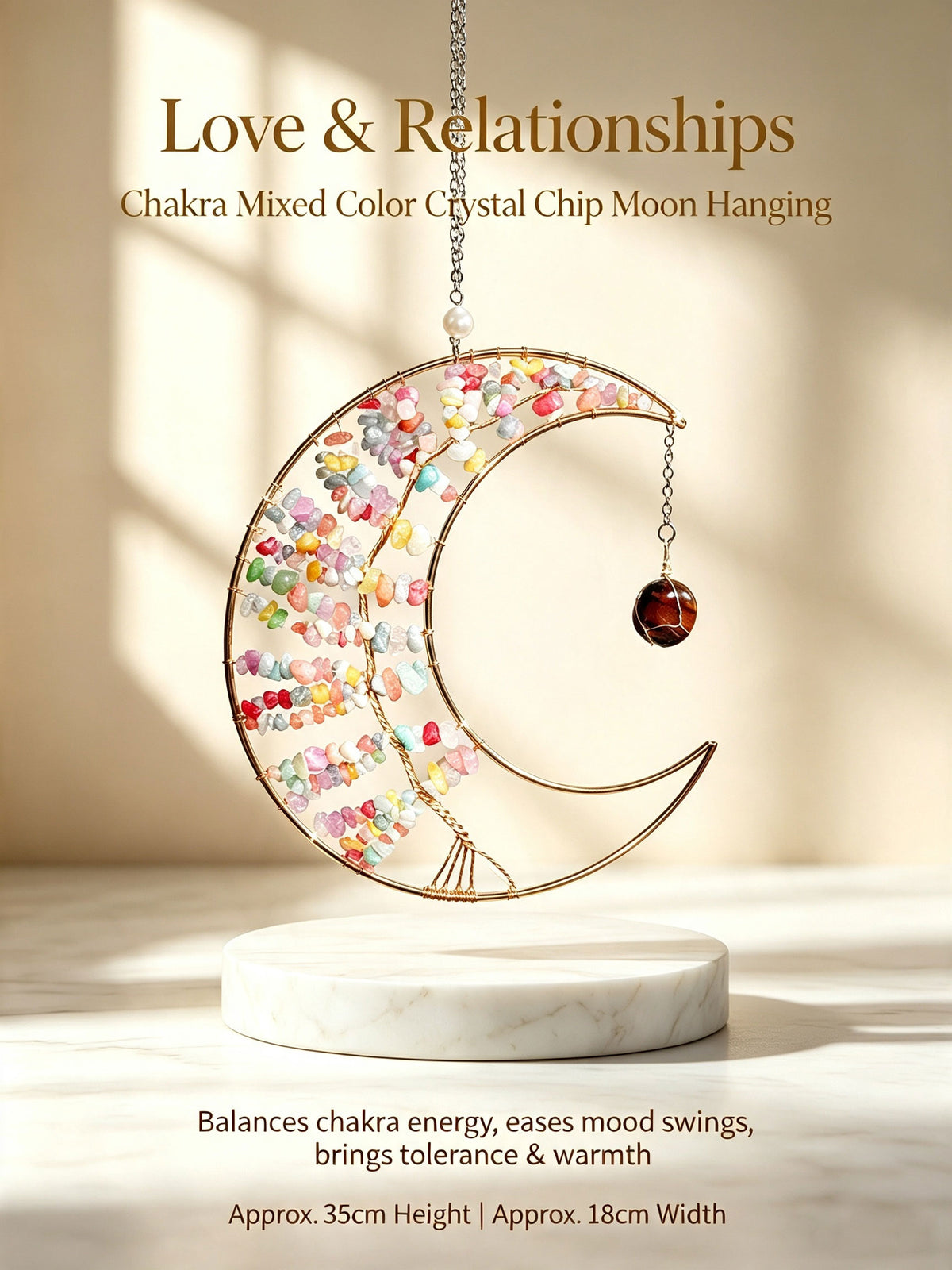 Moon Crystal Chip Hanging Ornament | 7 Styles for Wellbeing, Prosperity, Protection, Love, Spirituality & Career | Natural Crystal Car Charm Wall Pendant