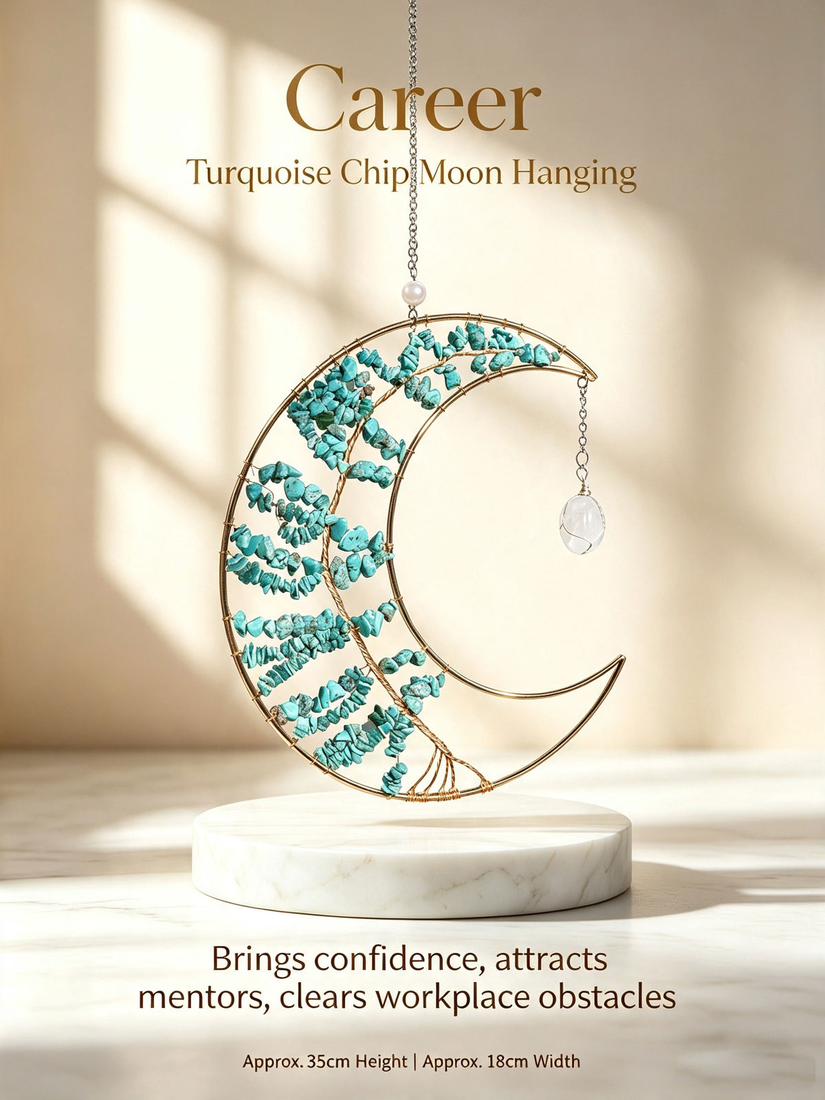 Moon Crystal Chip Hanging Ornament | 7 Styles for Wellbeing, Prosperity, Protection, Love, Spirituality & Career | Natural Crystal Car Charm Wall Pendant