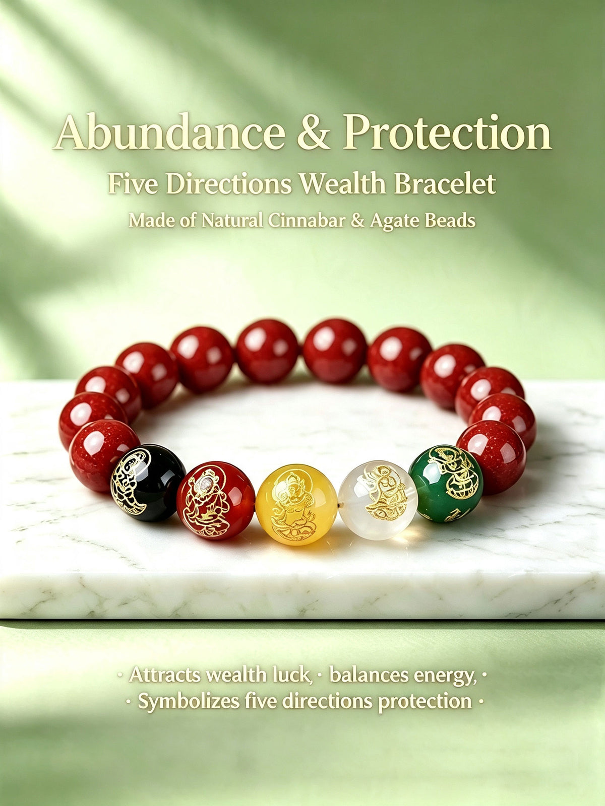 Natural Cinnabar Agate Five Directions Wealth Bracelet | Abundance Protection Energy Beaded Bracelet For Men Women