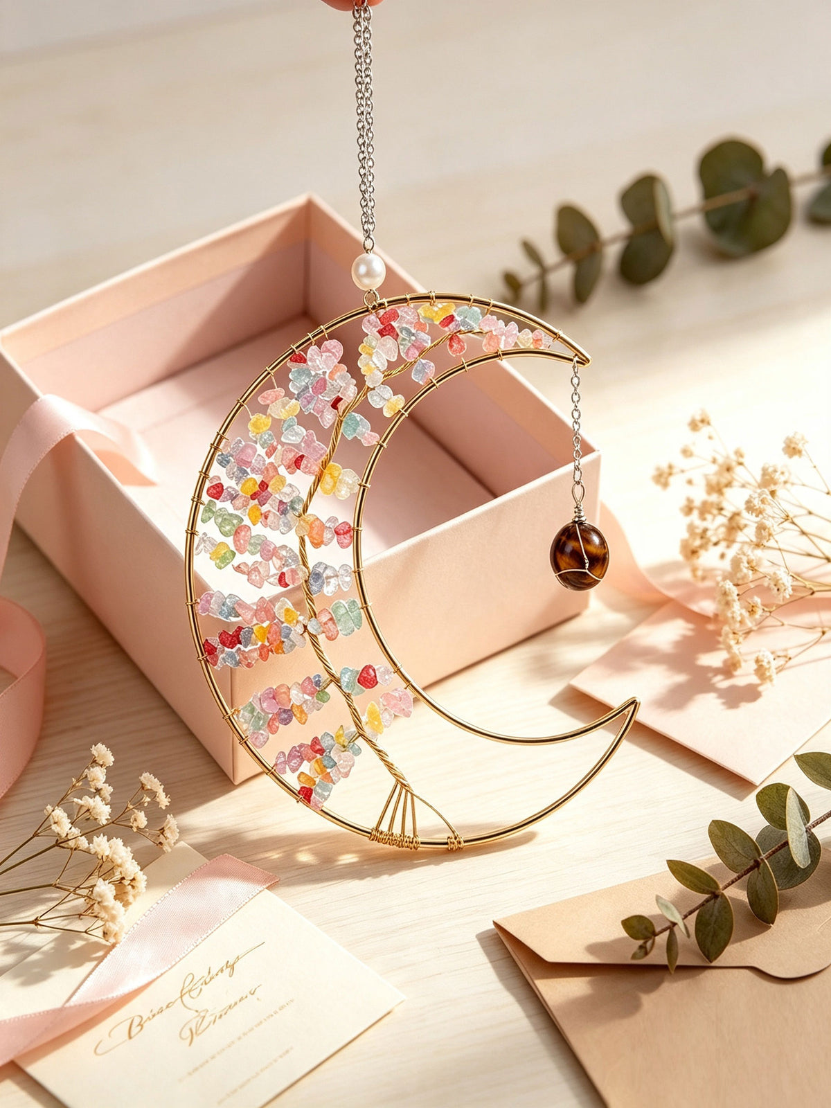 Moon Crystal Chip Hanging Ornament | 7 Styles for Wellbeing, Prosperity, Protection, Love, Spirituality & Career | Natural Crystal Car Charm Wall Pendant