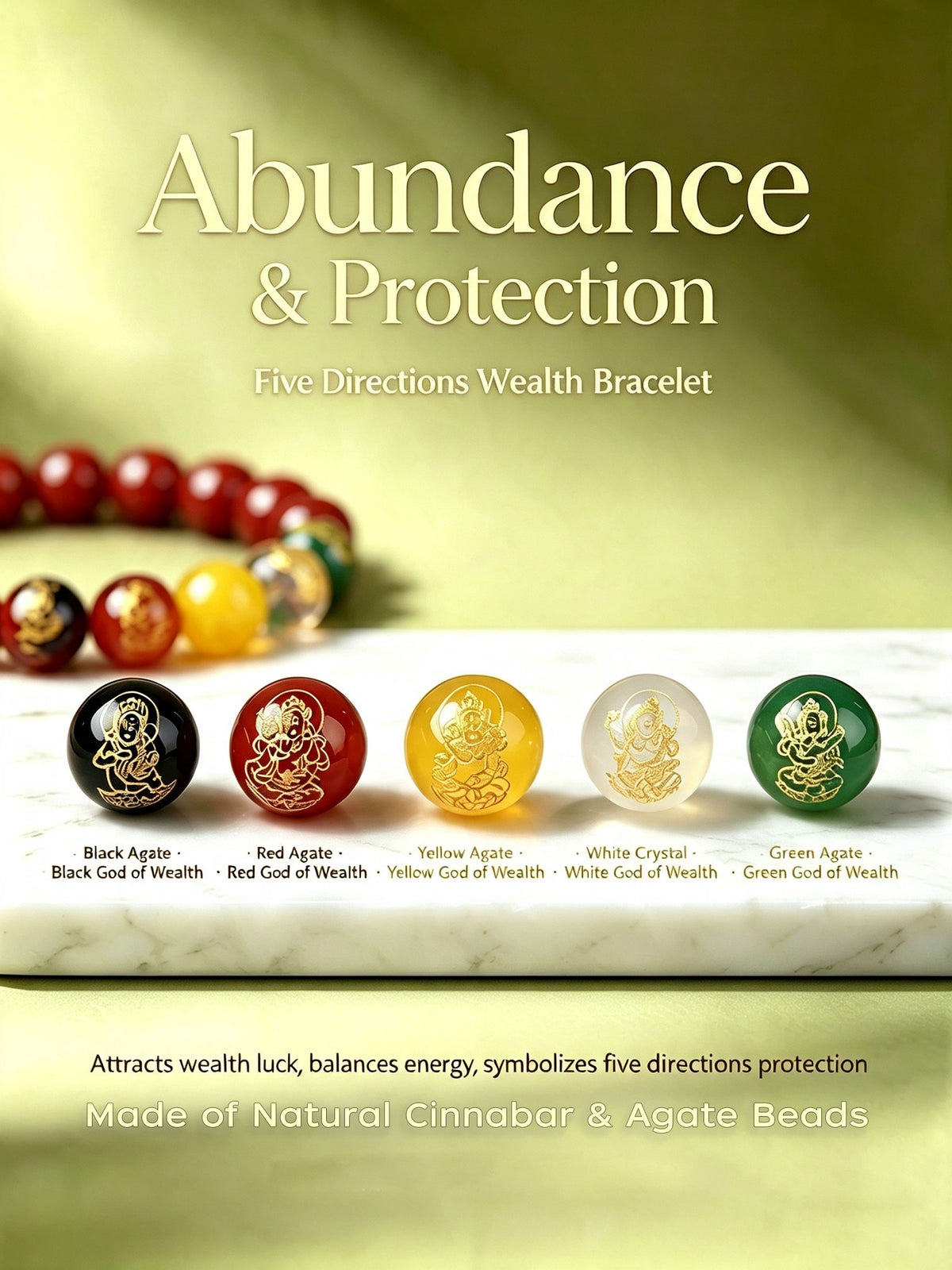Natural Cinnabar Agate Five Directions Wealth Bracelet | Abundance Protection Energy Beaded Bracelet For Men Women