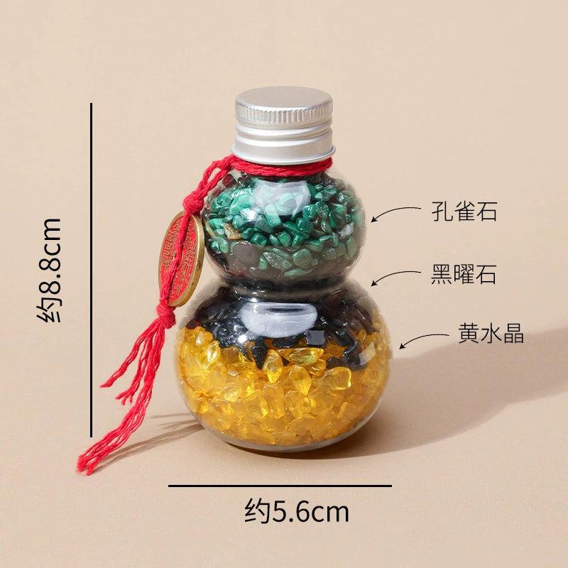 Natural tricolor crushed stone crystal gourd bottle ornament, peacock stone obsidian, purified and dewatered toilet in yellow crystal
