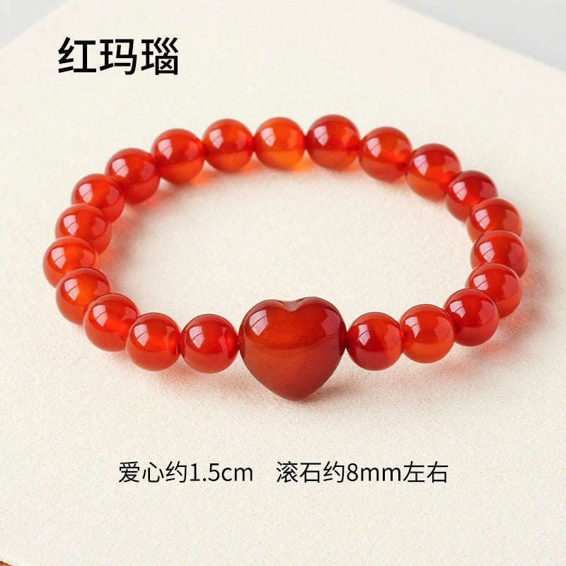 Cross border natural crystal heart-shaped round bead bracelet, red powder white crystal agate single circle gemstone bracelet, women's jewelry