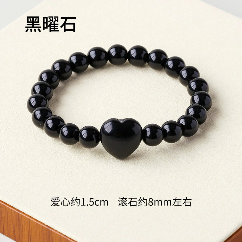 Cross border natural crystal heart-shaped round bead bracelet, red powder white crystal agate single circle gemstone bracelet, women's jewelry