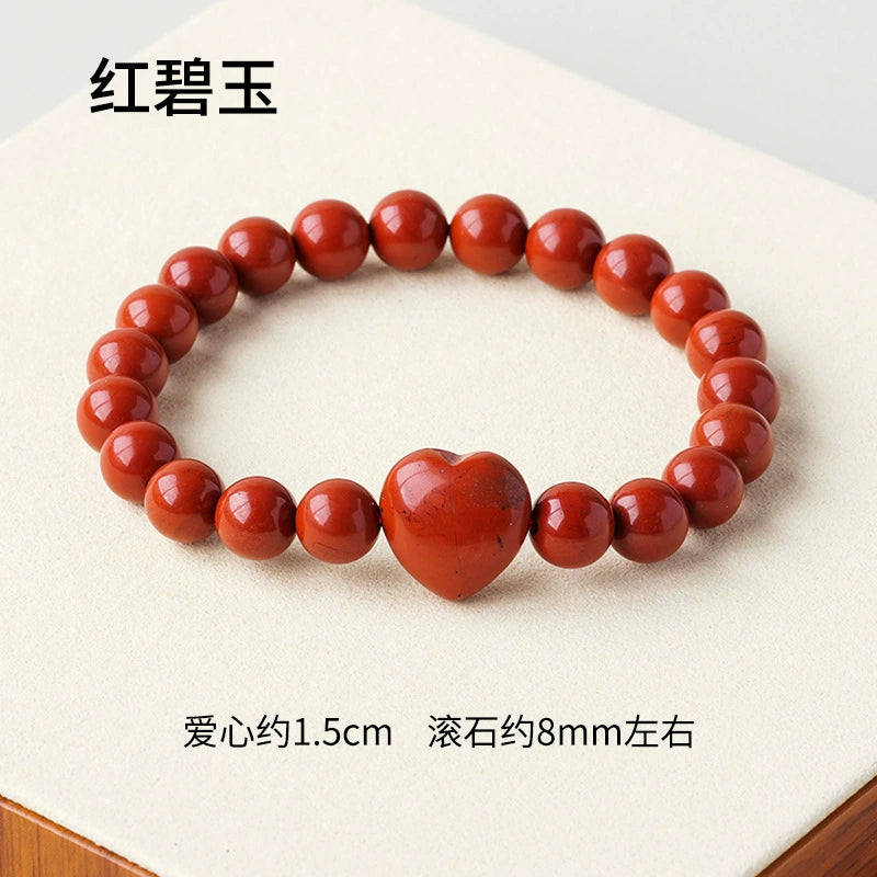 Cross border natural crystal heart-shaped round bead bracelet, red powder white crystal agate single circle gemstone bracelet, women's jewelry