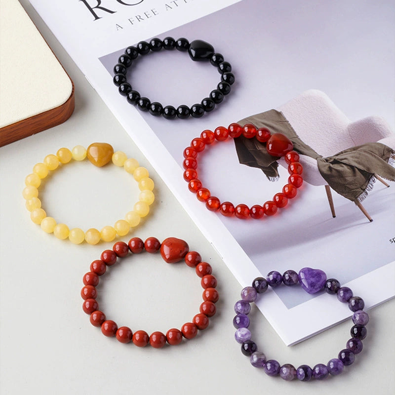 Cross border natural crystal heart-shaped round bead bracelet, red powder white crystal agate single circle gemstone bracelet, women's jewelry