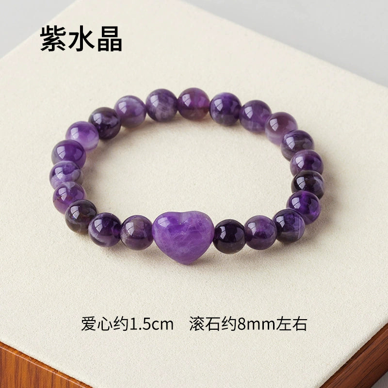 Cross border natural crystal heart-shaped round bead bracelet, red powder white crystal agate single circle gemstone bracelet, women's jewelry