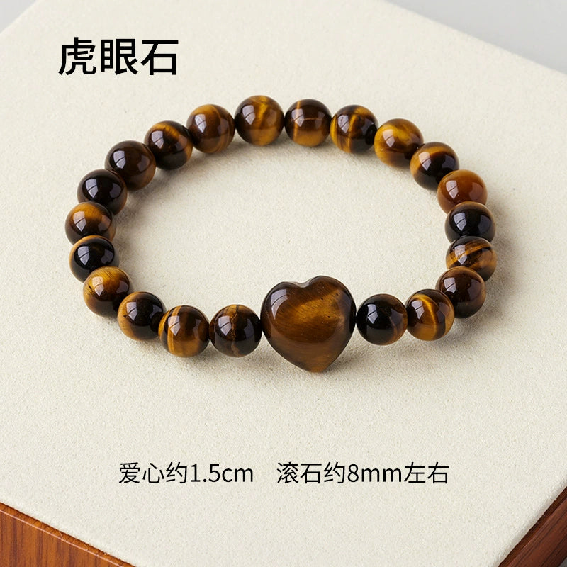Cross border natural crystal heart-shaped round bead bracelet, red powder white crystal agate single circle gemstone bracelet, women's jewelry