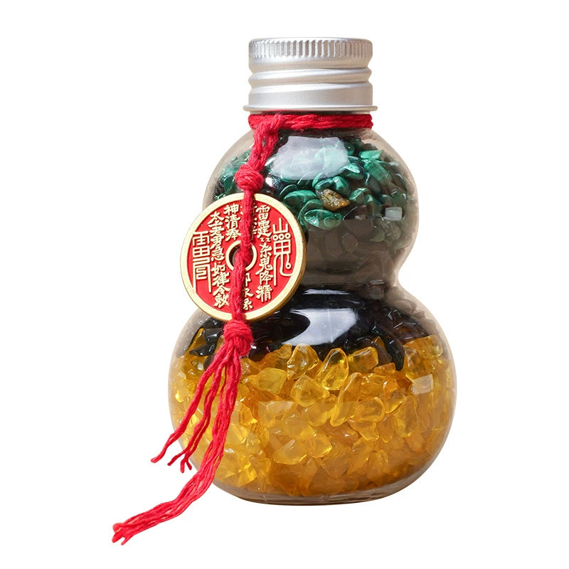 Natural tricolor crushed stone crystal gourd bottle ornament, peacock stone obsidian, purified and dewatered toilet in yellow crystal