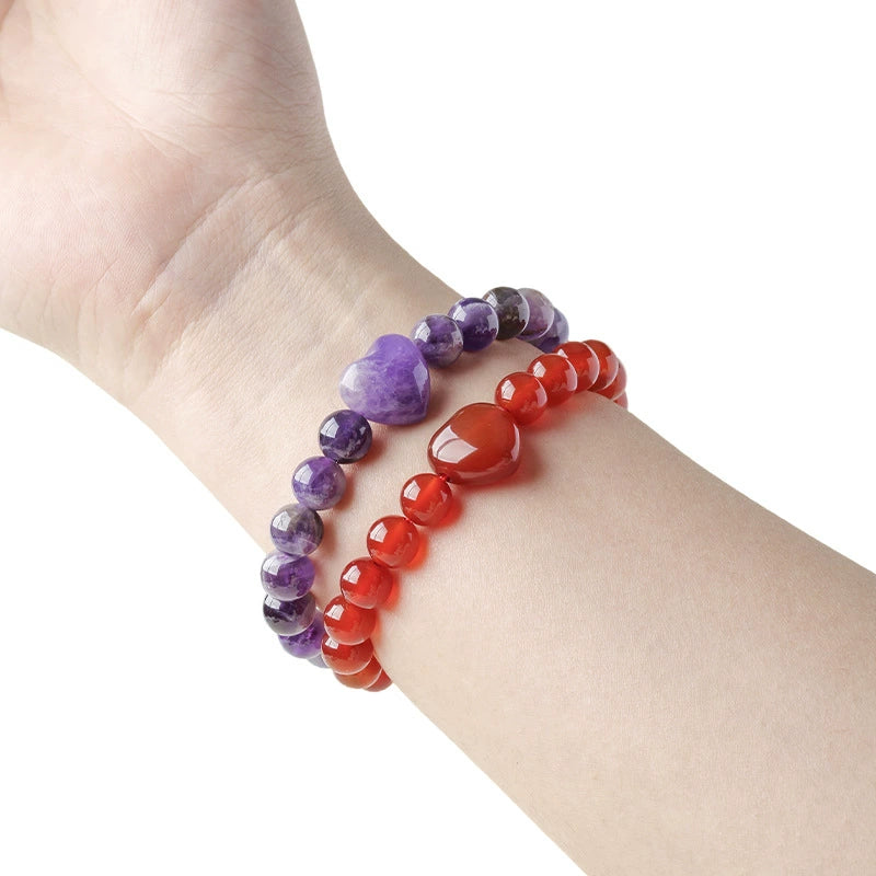 Cross border natural crystal heart-shaped round bead bracelet, red powder white crystal agate single circle gemstone bracelet, women's jewelry