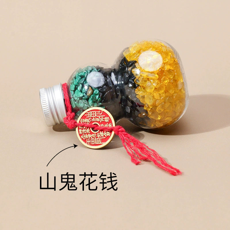 Natural tricolor crushed stone crystal gourd bottle ornament, peacock stone obsidian, purified and dewatered toilet in yellow crystal