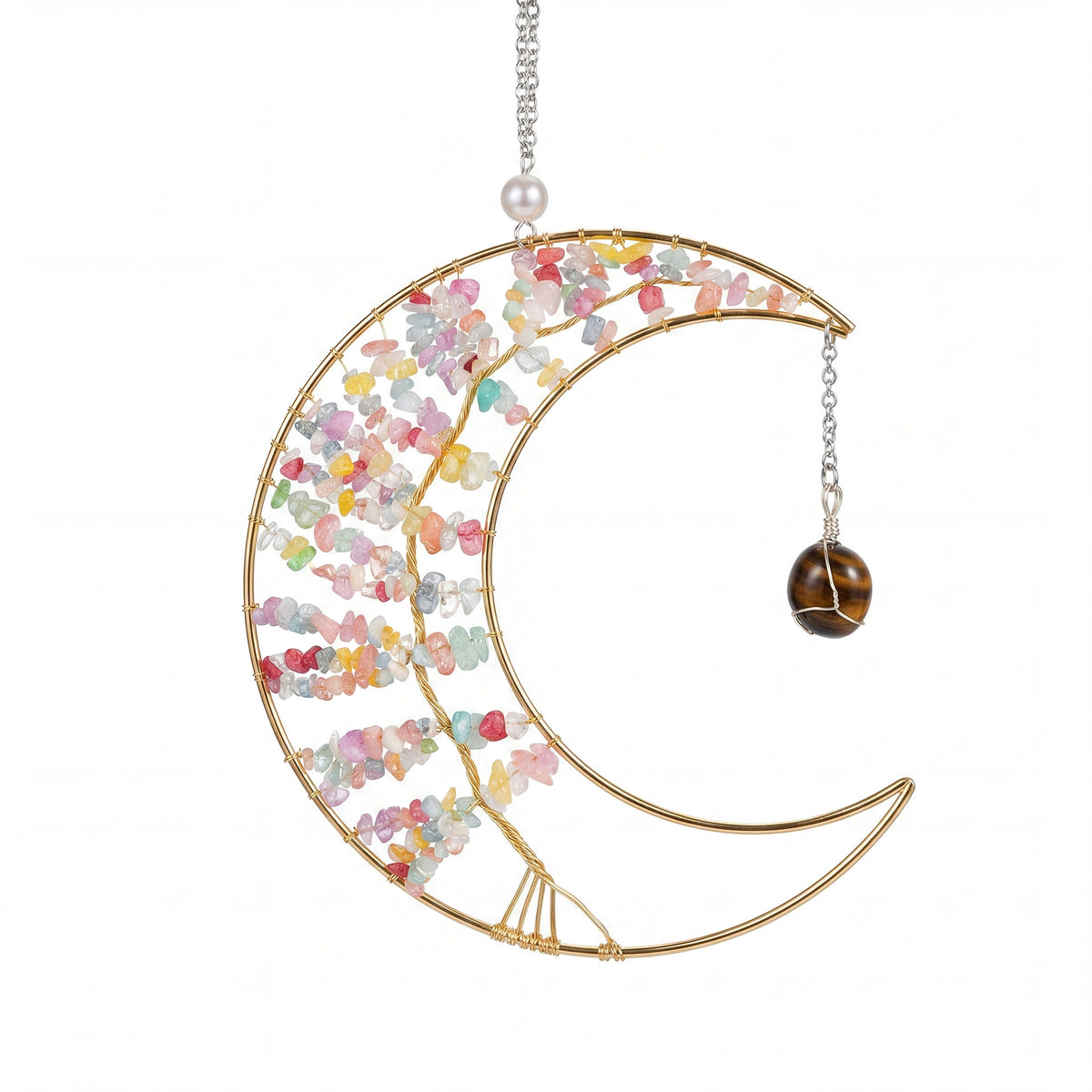 Moon Crystal Chip Hanging Ornament | 7 Styles for Wellbeing, Prosperity, Protection, Love, Spirituality & Career | Natural Crystal Car Charm Wall Pendant