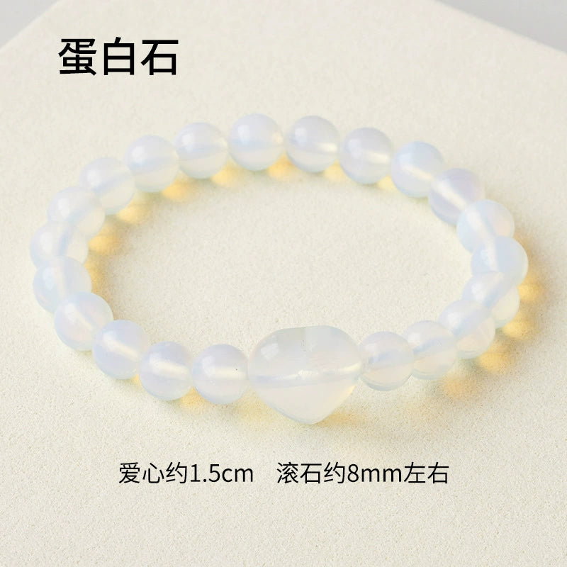 Cross border natural crystal heart-shaped round bead bracelet, red powder white crystal agate single circle gemstone bracelet, women's jewelry
