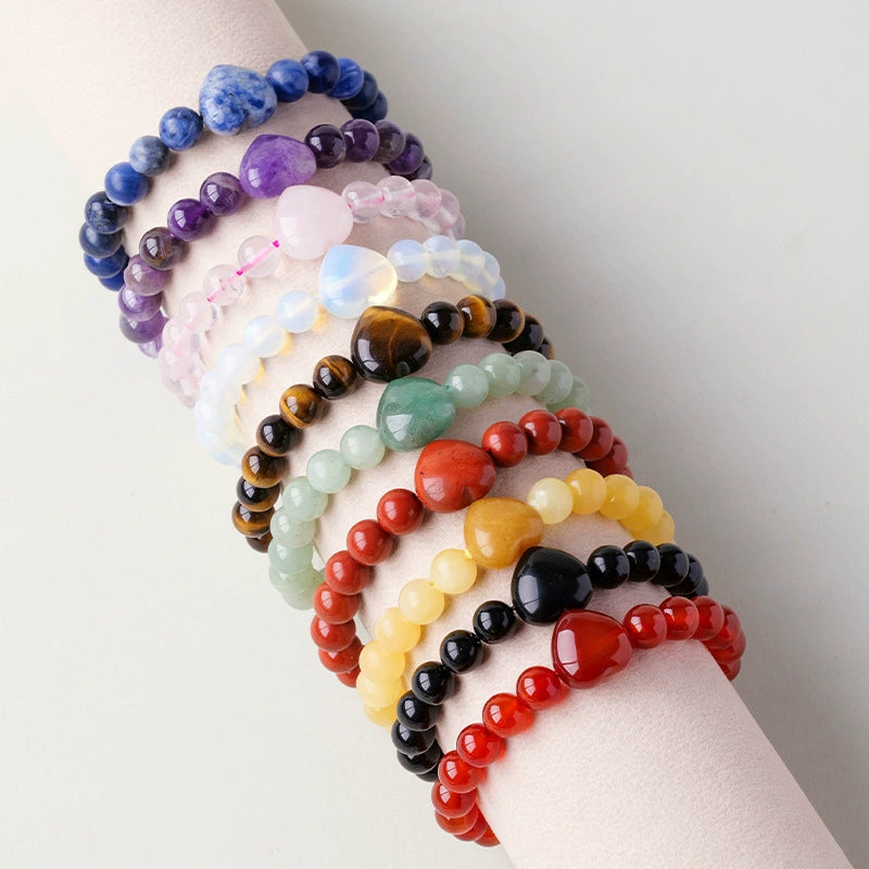 Cross border natural crystal heart-shaped round bead bracelet, red powder white crystal agate single circle gemstone bracelet, women's jewelry