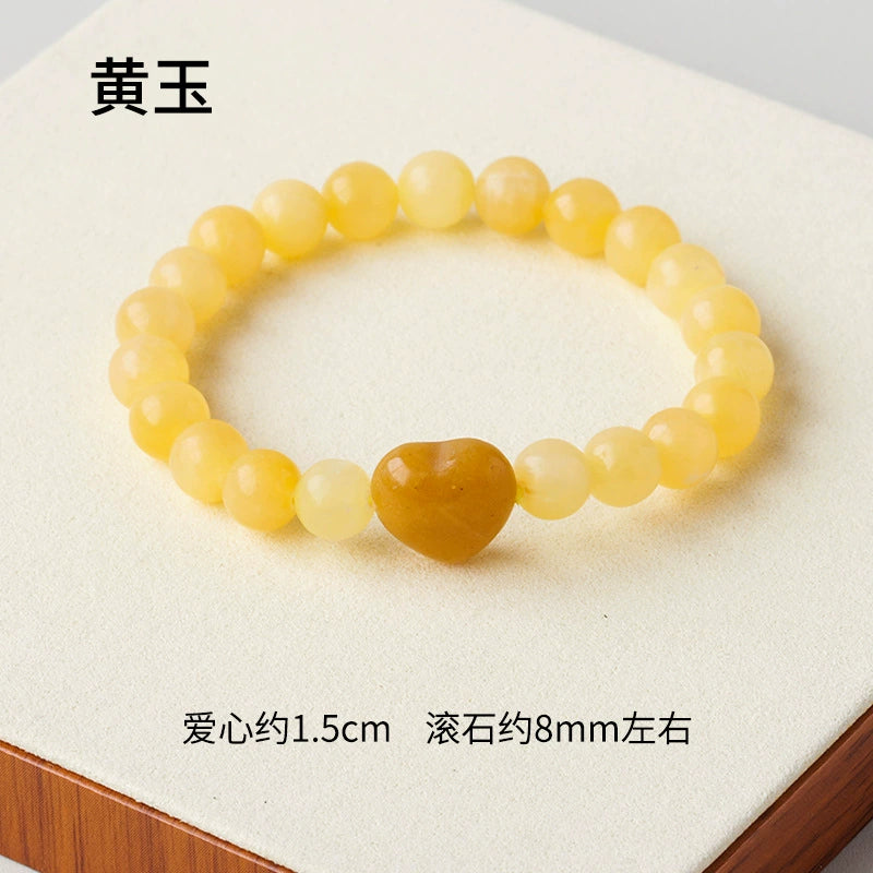 Cross border natural crystal heart-shaped round bead bracelet, red powder white crystal agate single circle gemstone bracelet, women's jewelry